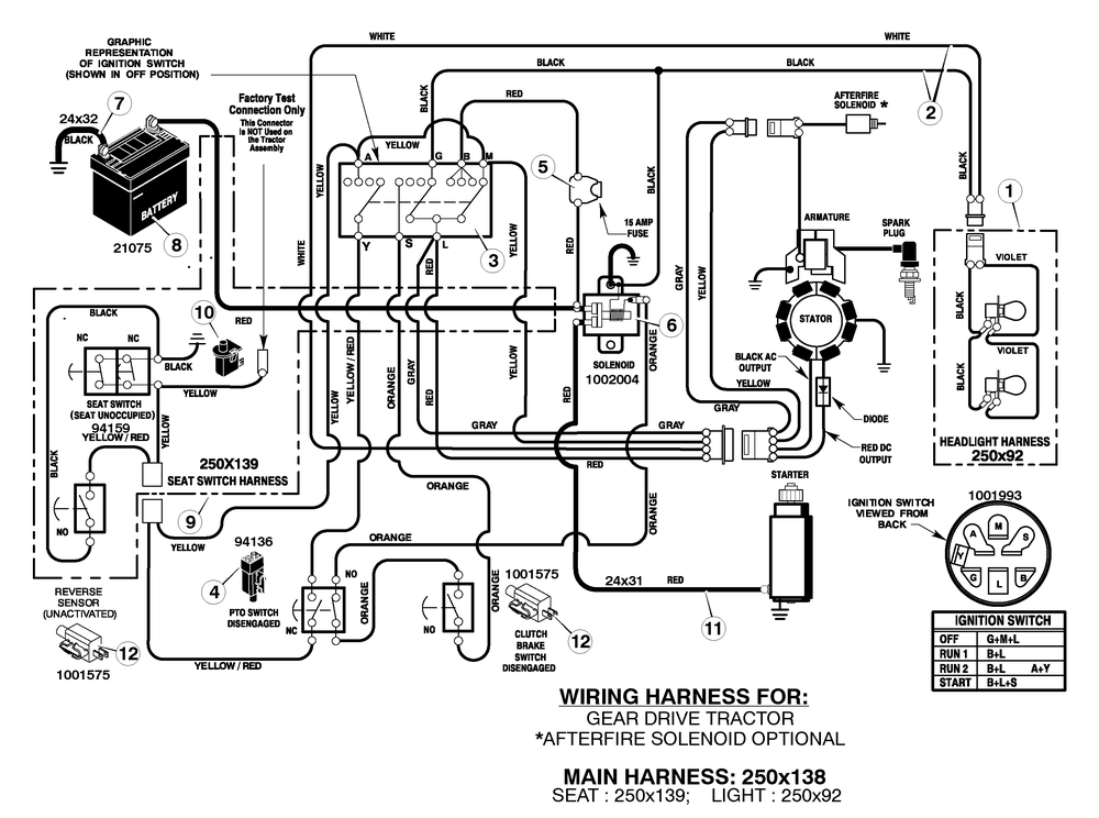 Electrical System Diagram and Parts List for 425001X8D 2005 Briggs and Stratton Lawn Tractor